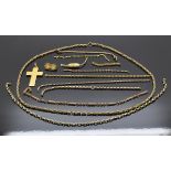 Strands of 9ct gold/ yellow metal Victorian chains (33g), ivory clasp, and a Victorian cross pendant