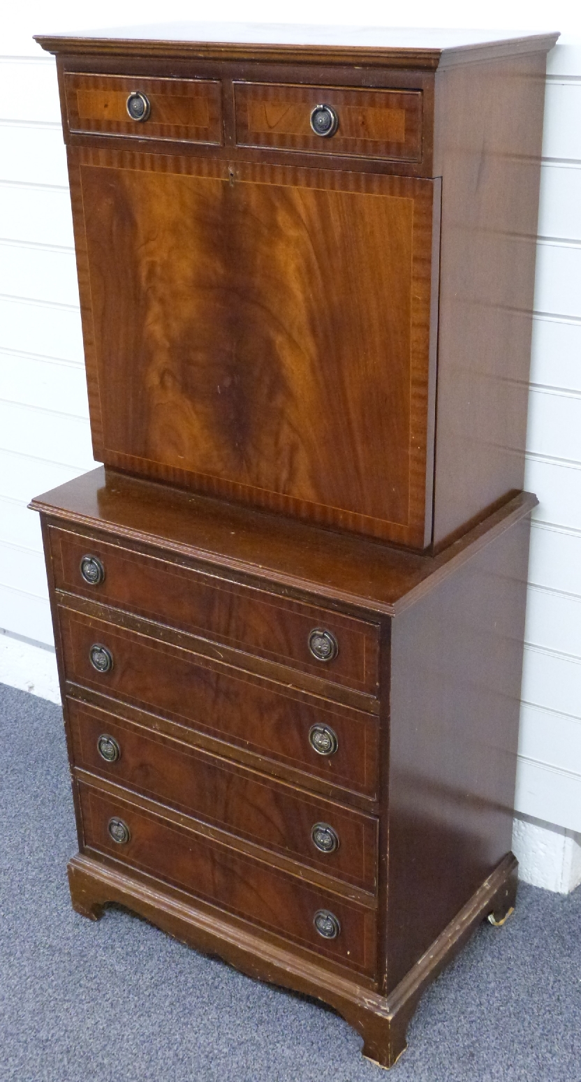 Mahogany secretaire chest of two over four drawers either side of a cabinet, opening to reveal a - Image 2 of 3