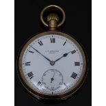 J W Benson of London 9ct gold open faced keyless winding pocket watch with black Roman numerals,