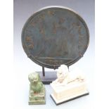 Oversize plaster model of a 1723 Georgian coin, diameter 28cm, cast bronze or similar lion and a