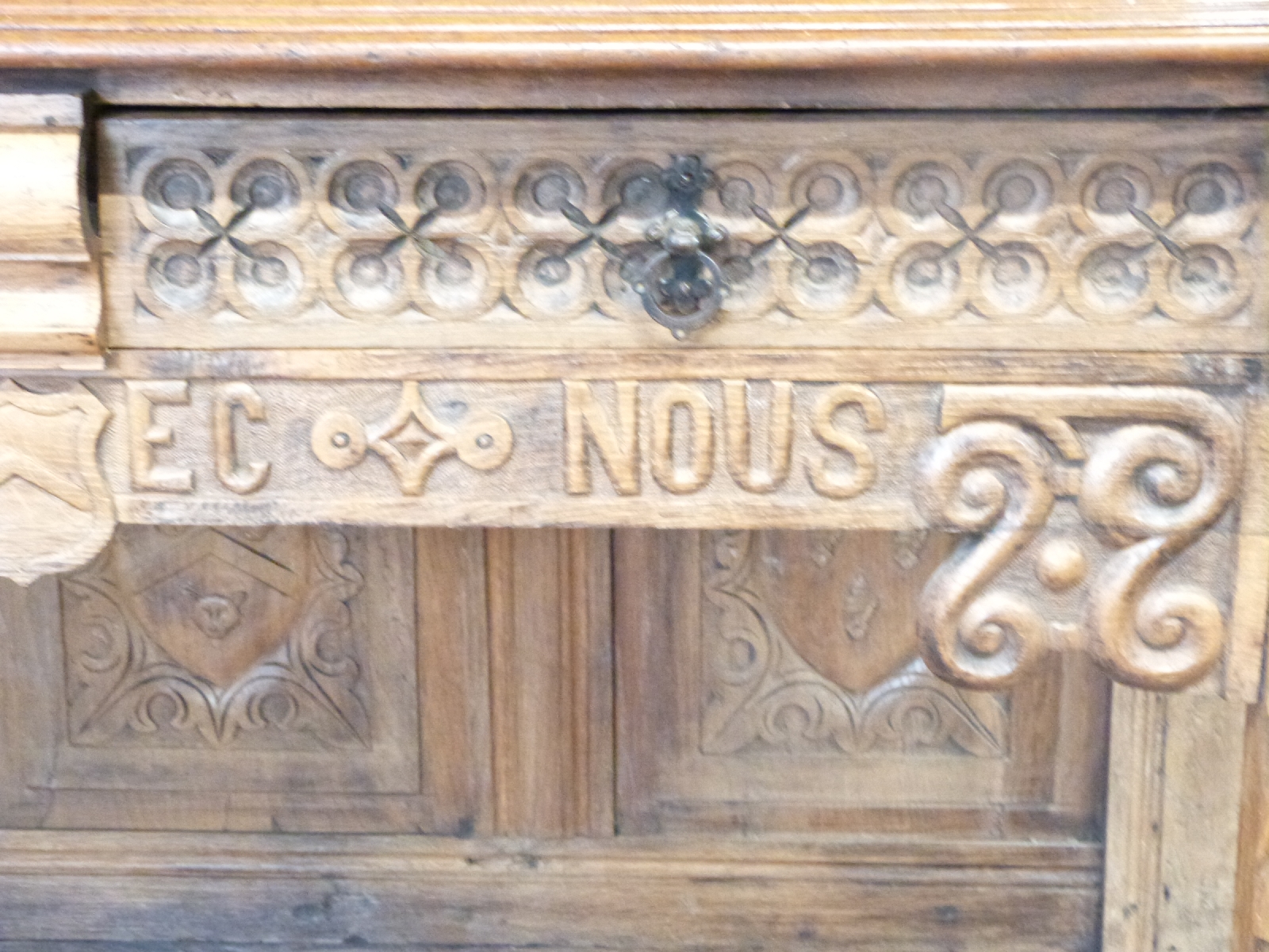 French 19th/20thC oak low table with two drawers, undershelf and carved figural decoration either - Image 3 of 3