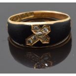 Victorian 15ct gold mourning ring set with black enamel and old cut diamonds in a cross, maker M &