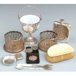 Pair of silver plated wine coasters, swing handled basket with glass liner, silver plated hip flask,