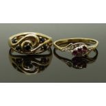 A 9ct gold ring set with sapphires and a 9ct gold ring set with rubies and diamonds, size P/Q & Q/R,