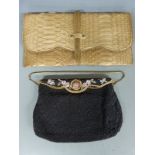 Vintage finely beaded black evening bag and a crocodile skin clutch bag, largest 14 x 29cm