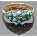 Victorian 9ct gold ring set with a seed pearl surrounded by turquoise, Birmingham 1869, size N