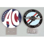 Morgan Sports Car Club enamel car badge, height 9.5cm together with an AC Owners Club badge