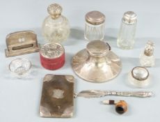 Hallmarked silver capstan inkwell, diameter 14cm, six hallmarked silver mounted glass items,