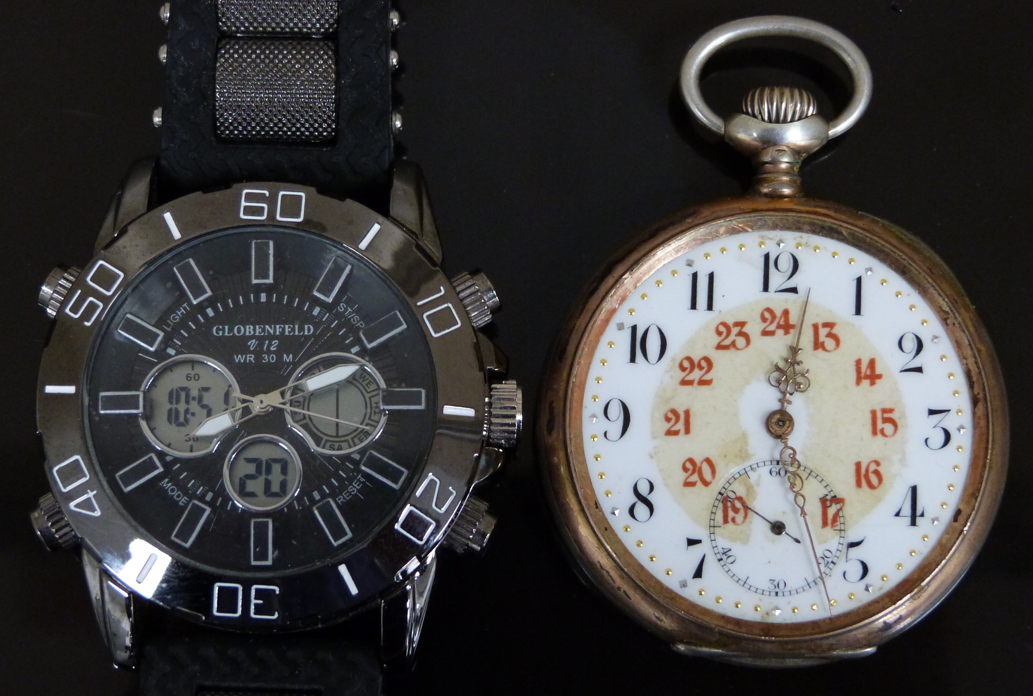 Globenfeld V12 wristwatch with black dial and digital sub dials, case diameter 45mm, in original box