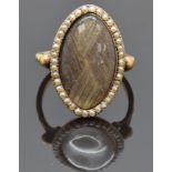 Victorian mourning ring set with hair surrounded by seed pearls, size P, 4.78g