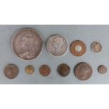 Ten Victoria coins to include Jubilee crown, commemorative coin, model penny, halfpenny and half