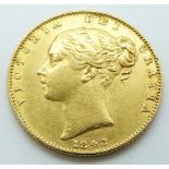 Queen Victoria 1843 young head, shield reverse gold full sovereign