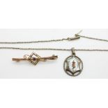 Charles Horner pendant set with enamel and a 9ct gold brooch (0.8g)