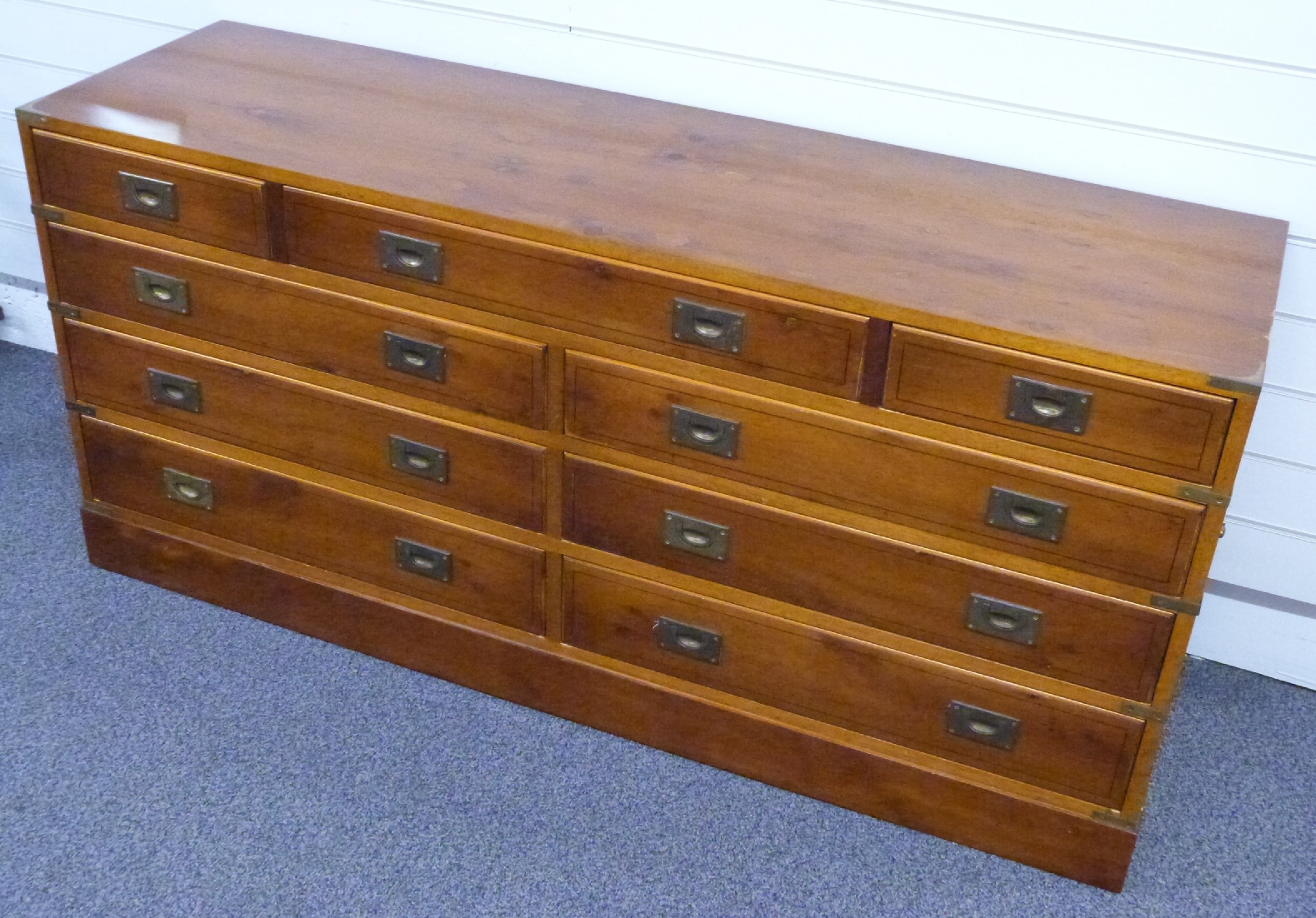 Large campaign style chest of three over six drawers with brass handles, W147 x D43 x H71cm - Image 2 of 2
