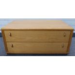 Skovby style retro light elm or similar two drawer low cabinet, W90 x D58 x H40cm