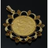 A 1925 gold half sovereign, with South Africa mint mark, in 9ct gold pendant mount, 6.2g
