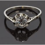 Art Deco platinum ring set with a round cut diamond of approximately 0.6ct, size K/L, 2.25g