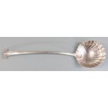 Large Georgian silver Onslow pattern ladle, bottom hallmarked but rubbed, maker's mark IH or HI,