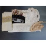 Edwardian black scarf/shawl with embroidered decoration, velvet trim and fringed border, an ivory