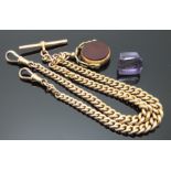 Victorian 9ct gold double Albert with hardstone swivel fob set with agate and bloodstone, 54.2g