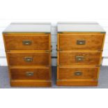 Pair of campaign style bedside chests of three drawers with brass handles, each W46 x D37 x H65cm