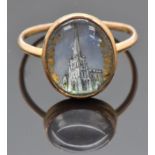 Georgian / Victorian mourning / love token ring set with a painted miniature of a cathedral, verso