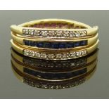 A 9ct gold folding eternity ring set with diamonds, sapphires and rubies, size M, 3.32g