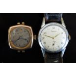 Swiss 9ct gold wristwatch with blued Breguet hands, Arabic numerals, silver dial and cushion