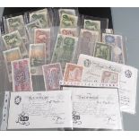 A collection of British banknotes, Peppiatt mauve ten shillings, blue one pound etc, replica white