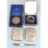 Two hallmarked silver cigarette cases, weight 108g, Ilford camera filter in case, Cheltenham