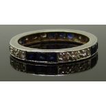 Art Deco platinum eternity ring set with square cut sapphires and round cut diamonds, size L, 2.95g