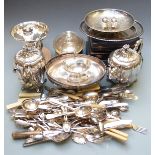 Silver plate to include cased and loose cutlery, ornate teapot, swing handled oval basket etc