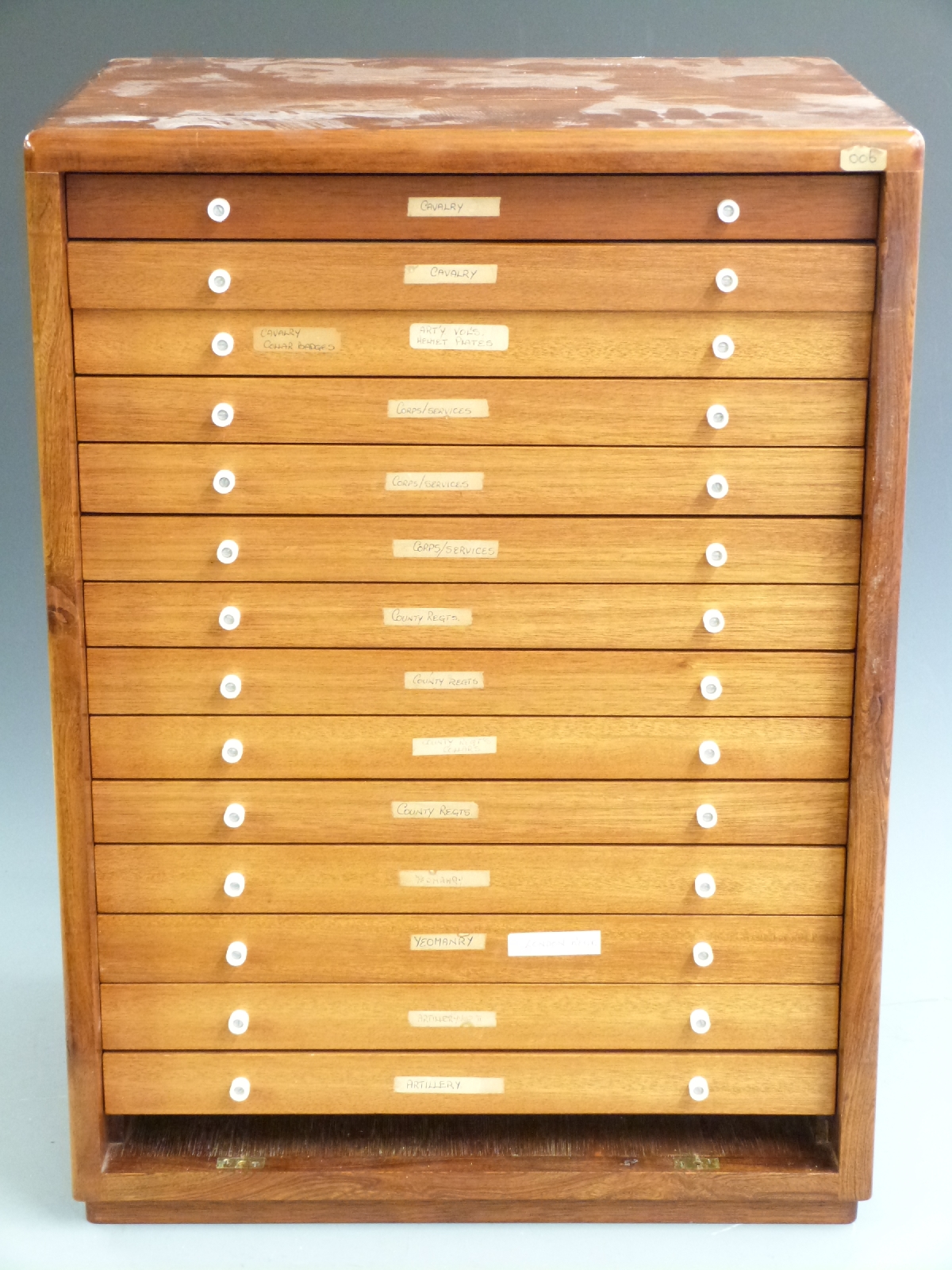 Mahogany fourteen drawer collector's cabinet with removable front, W44 x D34 x H61cm.