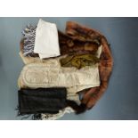 Four Victorian/Edwardian scarves / shawls, including lace and silk, fur stole and a Victorian