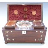 19thC sarcophagus shaped mother of pearl inlaid rosewood tea caddy with fitted interior, width 33cm