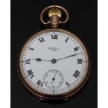 Waltham 9ct gold keyless winding open faced pocket watch with black Roman numerals, inset subsidiary