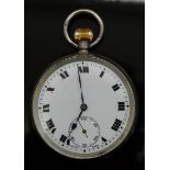 Swiss silver keyless winding open faced pocket watch with subsidiary seconds dial, blued hands,