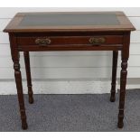 Mahogany hall table with inlaid leather top, single drawer and brass drop handles, raised on