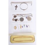 A collection of silver jewellery including Edwardian cross pendant, two fobs, bangle, agate