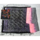 A 19th/20thC black and purple devore velvet shawl with fringe, 130 x 130cm including fringe, a