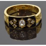 Victorian 18ct gold mourning ring set with black enamel and old cut diamonds with engraved band