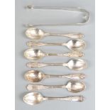 Set of seven teaspoons marked silver and a pair of Georgian hallmarked silver sugar nips, weight