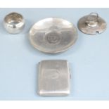 Hallmarked silver cigarette case, feature hallmarked coin base dish, napkin ring and a silver lid,