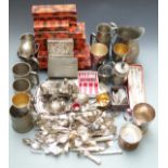 Silver plated ware including a quantity of boxed King's pattern cutlery, salver, pewter tankards