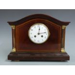 Late 19th/ early 20thC French mantel clock in mahogany case with banded inlaid decoration, reeded