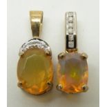 Two 9ct gold pendants set with oval cut Indonesian opals and diamonds to each