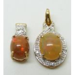 A 9ct gold pendant set with an Indonesian opal cabochon and diamonds and a 9ct gold pendant set with