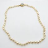A single strand of cultured pearls with 18ct gold clasp set with an opal triplet, 48.5cm long
