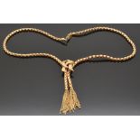 An 18k rose gold designer necklace in a knot design with tassel decoration, 22.8g