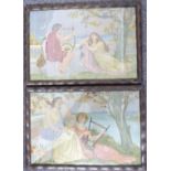 Arts and Crafts pair of embroideries depicting two lovers in classical costume, one playing a lyre